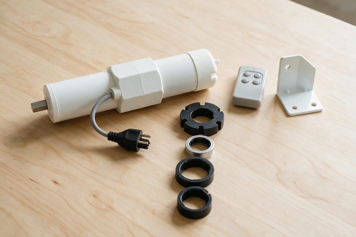 Kit de motorisation de volet roulant posé à plat : moteur tubulaire, télécommande, couronne, adaptateurs et support