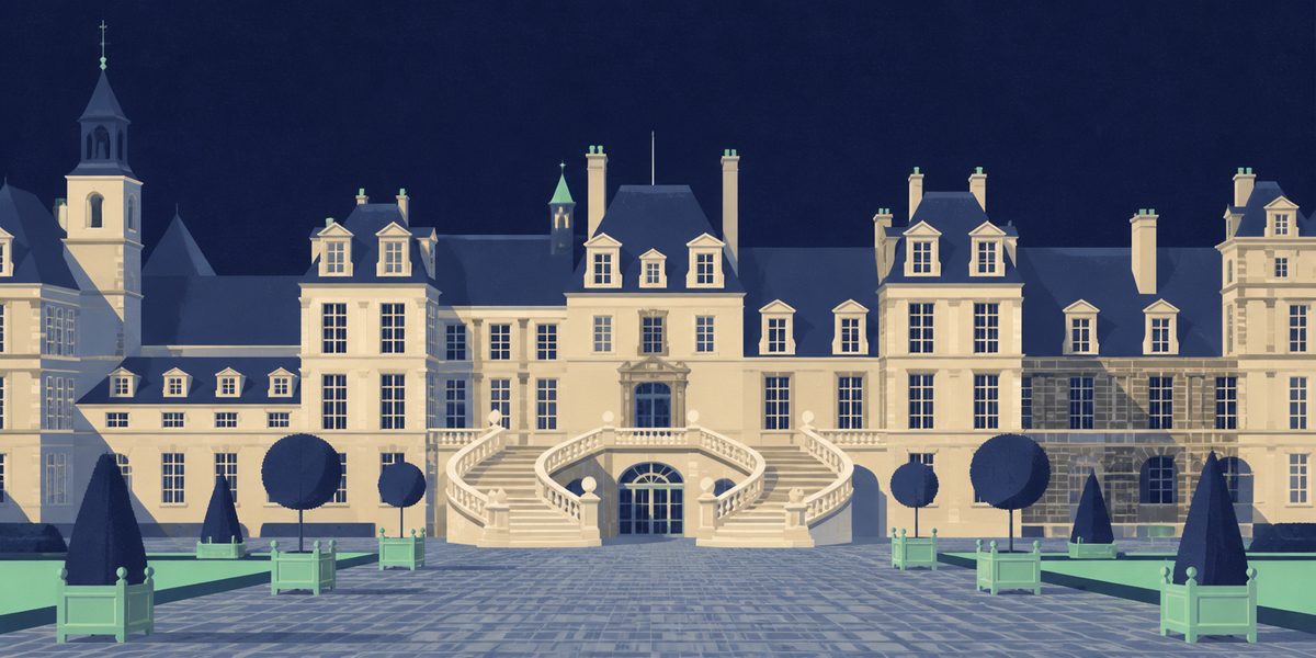 Illustration du château de Fontainebleau : façade Renaissance et escalier en fer à cheval sur la cour.