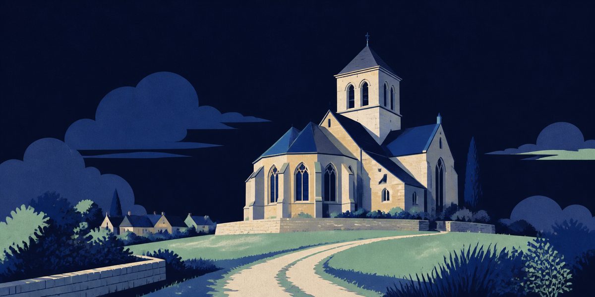 Illustration de l'église d'Auvers-sur-Oise : petite église gothique à contreforts et clocher trapu, sur une butte bordée d'un chemin.