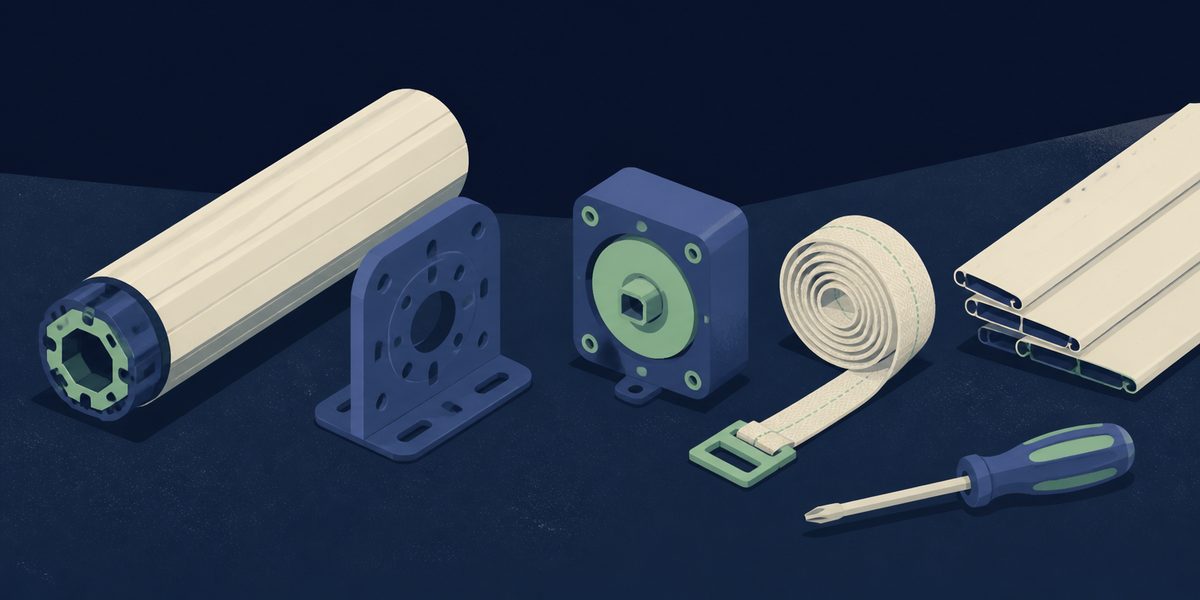 Illustration de pièces détachées de volet roulant alignées sur un établi : axe, support, treuil, sangle et lames.